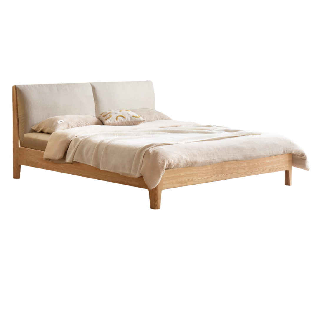 Beech, Oak, Black Walnut Solid Wood Bed — Fabric, Genuine Leather Upholstered