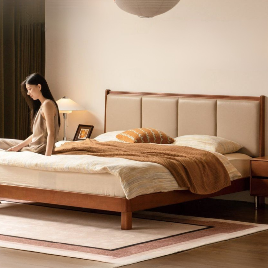 Poplar Solid Wood Mid-Century Piano Key Bed with Leather Upholstered Headboard