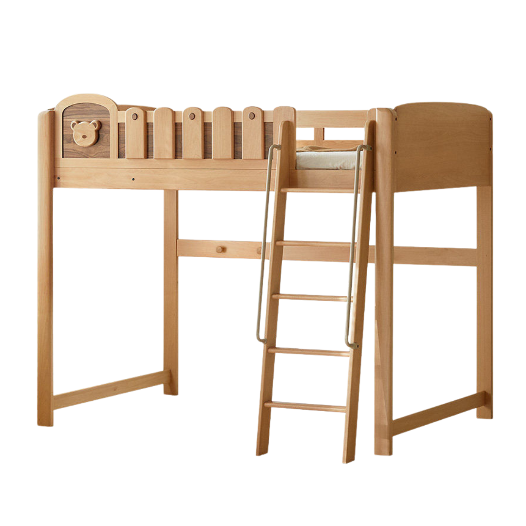 Beech Solid Wood L-Shaped Bunk Bed with Bookshelf Headboard and Detachable Guardrail