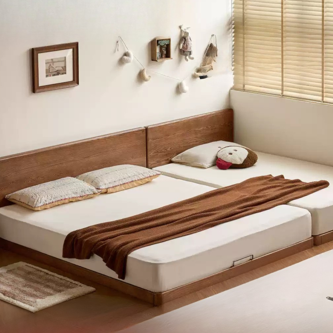 Oak Solid Wood Bed with Removable Headboard and Low Floor Design