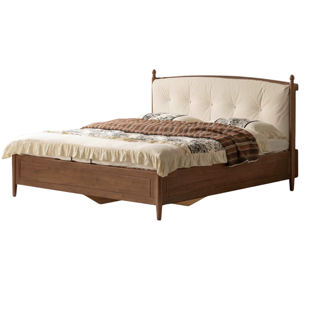 Black Walnut Solid Wood American Vintage Bed with Removable Headboard Cushion