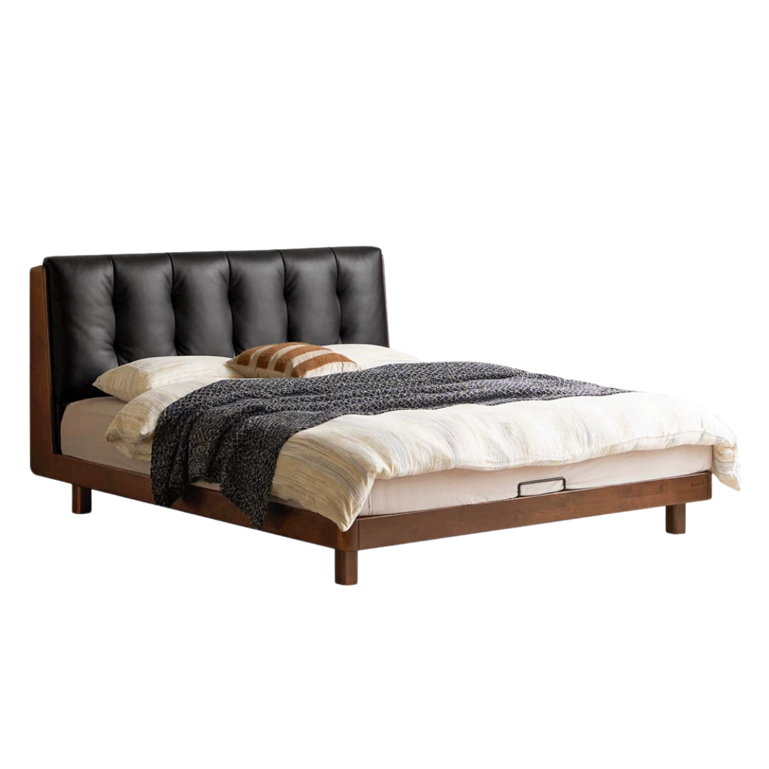 Black Walnut, Rubberwood Solid Wood Leather Upholstered Platform Bed with Vertical Channel Tufted Headboard