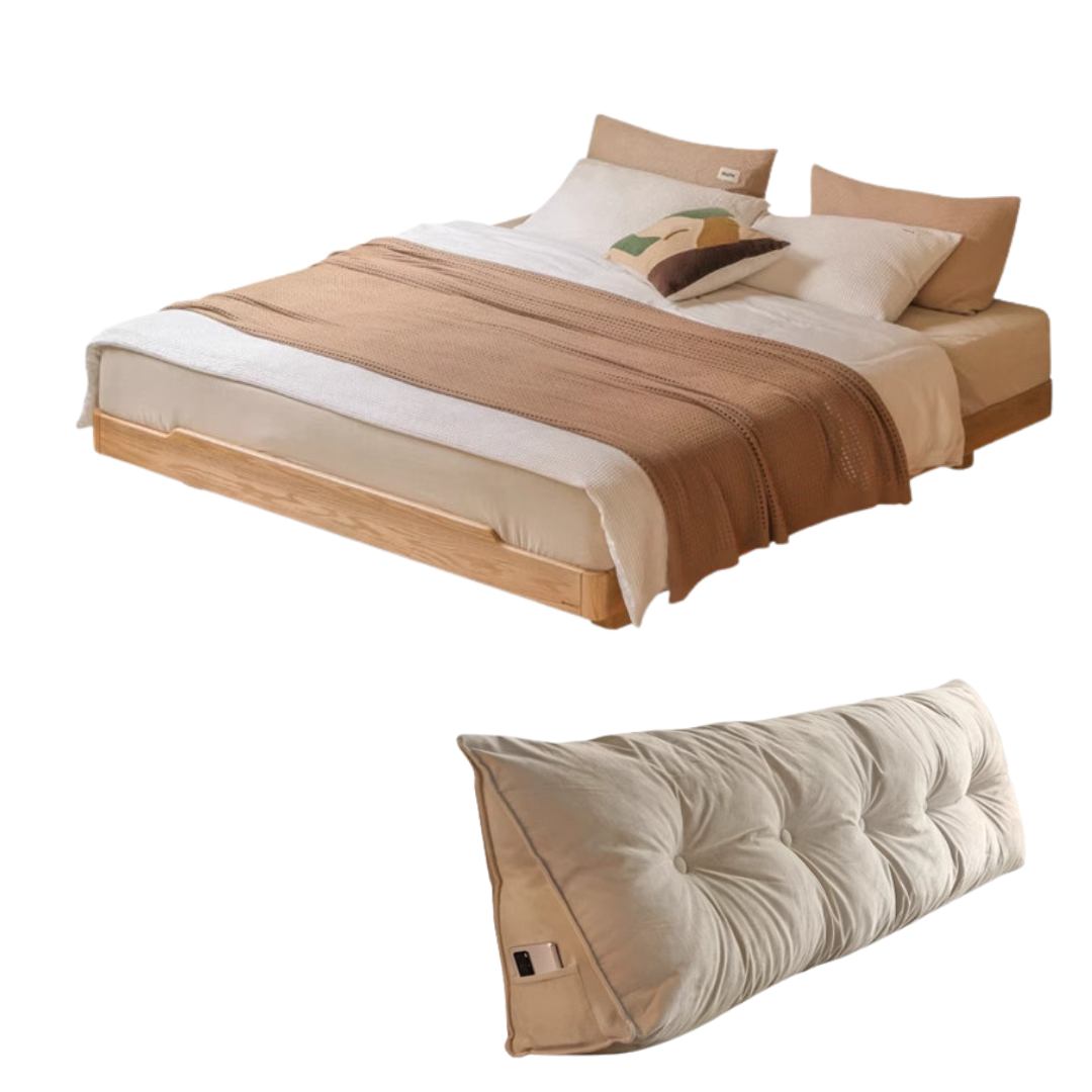 Oak, Beech, Ash Solid Wood Modern Platform Bed, Headboard-Free Suspended Bed with Light