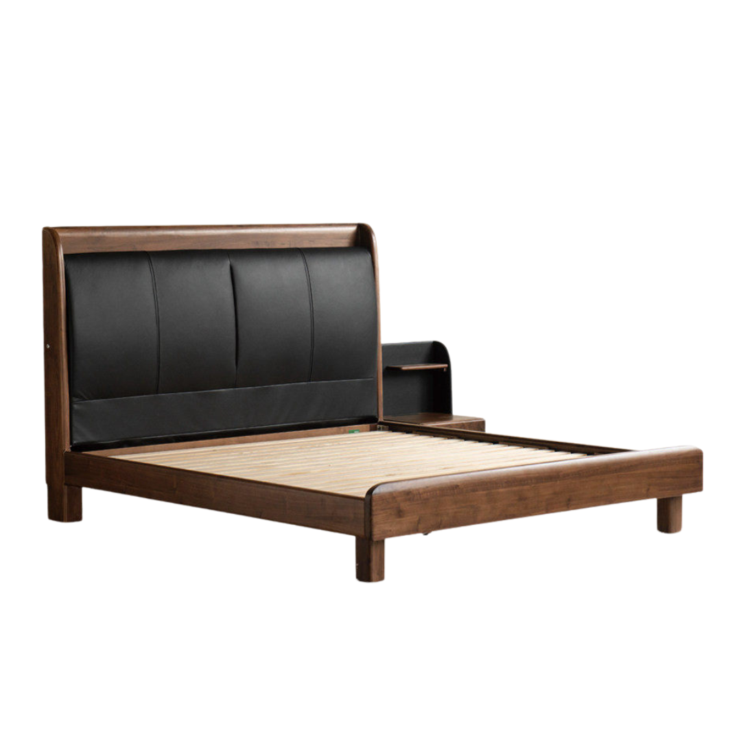 Black Walnut Solid Wood Genuine Leather Curved Leather Bed with Floating Base and LED Lighting