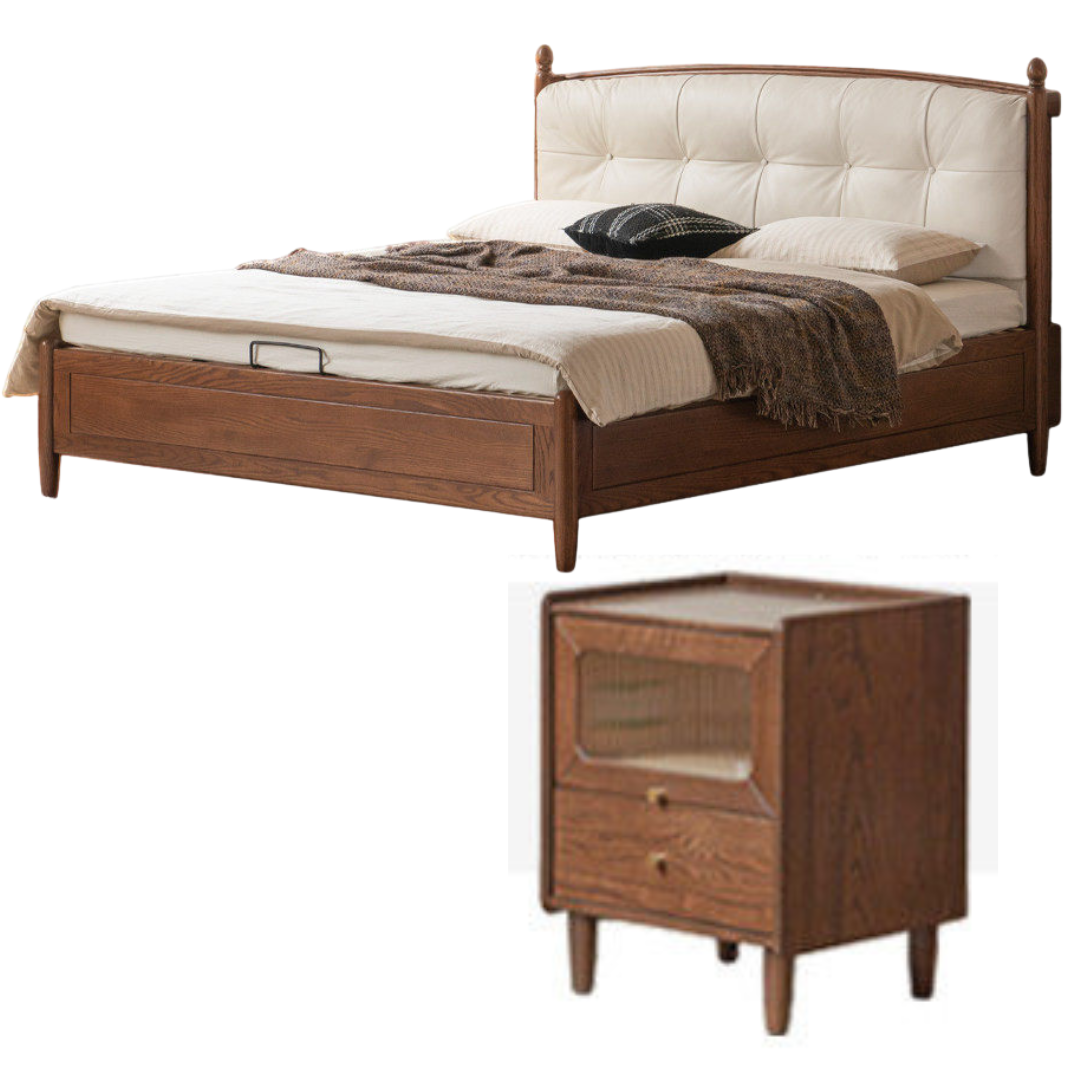 Oak Solid Wood French Country Tufted Storage Bed with Gas Lift and Turned Posts