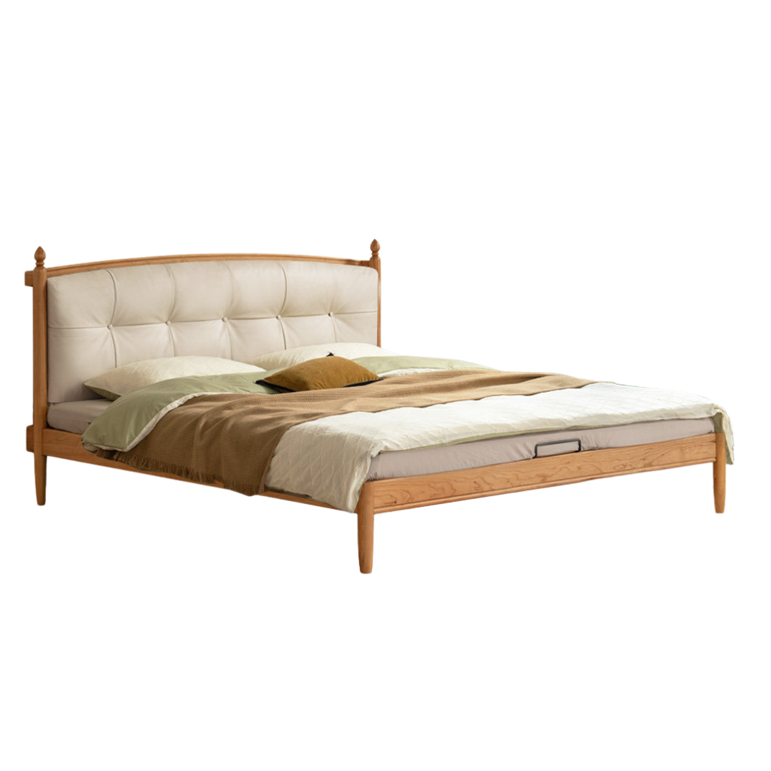 Cherry Solid Wood Upholstered Bed with Retro Design
