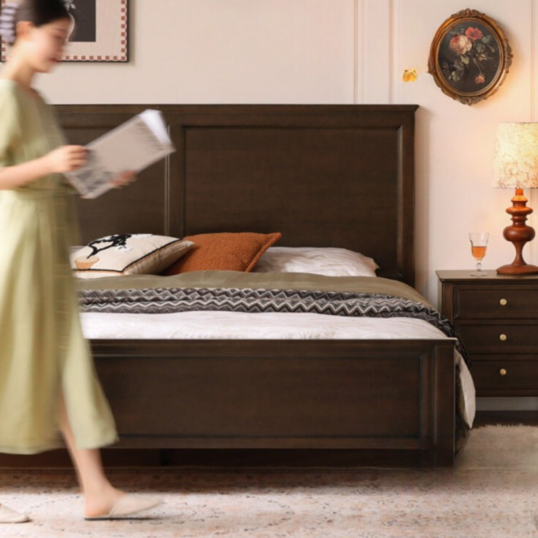Poplar Solid Wood Bed Modern American Retro High Back Bed