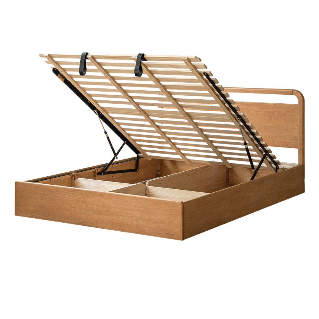 Oak, Rubberwood Solid Wood Storage Bed with Adjustable Height and Gas Lift