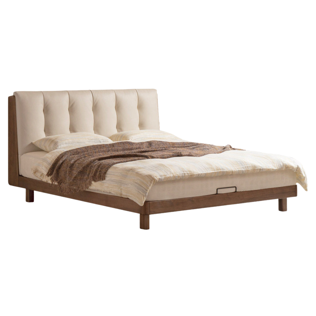 Black Walnut Solid Wood Leather Upholstered Platform Bed with Vertical Channel Tufted Headboard