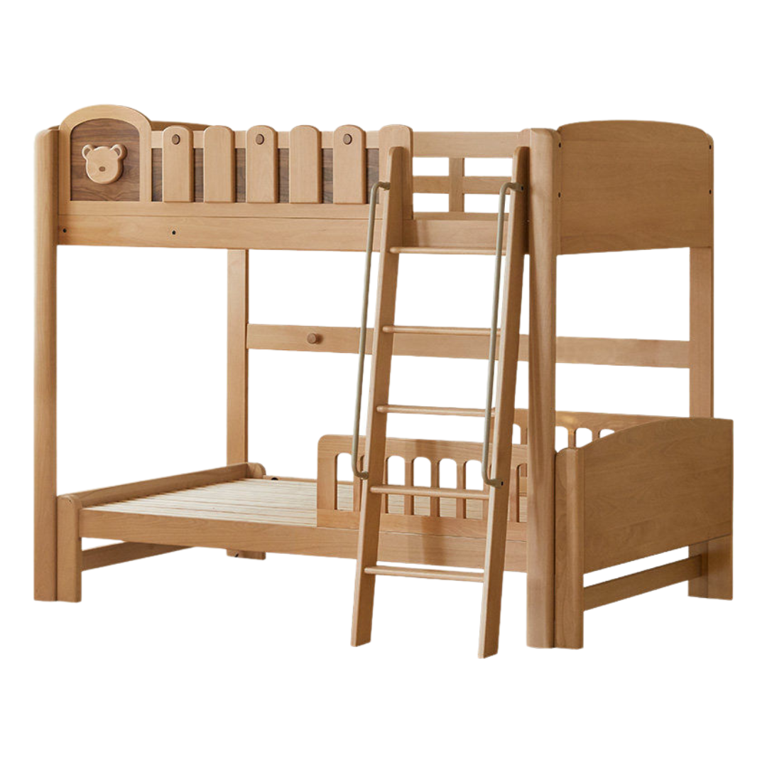 Beech Solid Wood L-Shaped Bunk Bed with Bookshelf Headboard and Detachable Guardrail