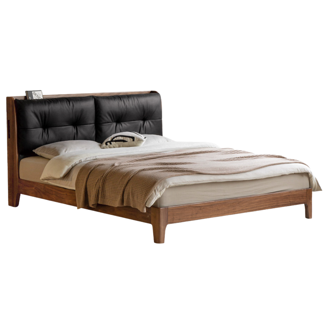Black Walnut, Sandalwood, Catalpa, Golden Rosewood Solid Wood Bed — Genuine Leather Upholstered, Simple Luxury Design