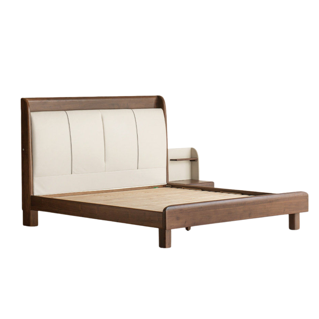 Black Walnut Solid Wood Genuine Leather Curved Leather Bed with Floating Base and LED Lighting