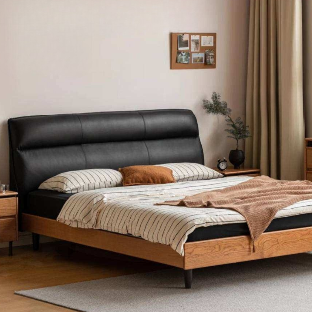 Cherry Solid Wood Genuine Leather Curved Upholstered Headboard Platform Bed