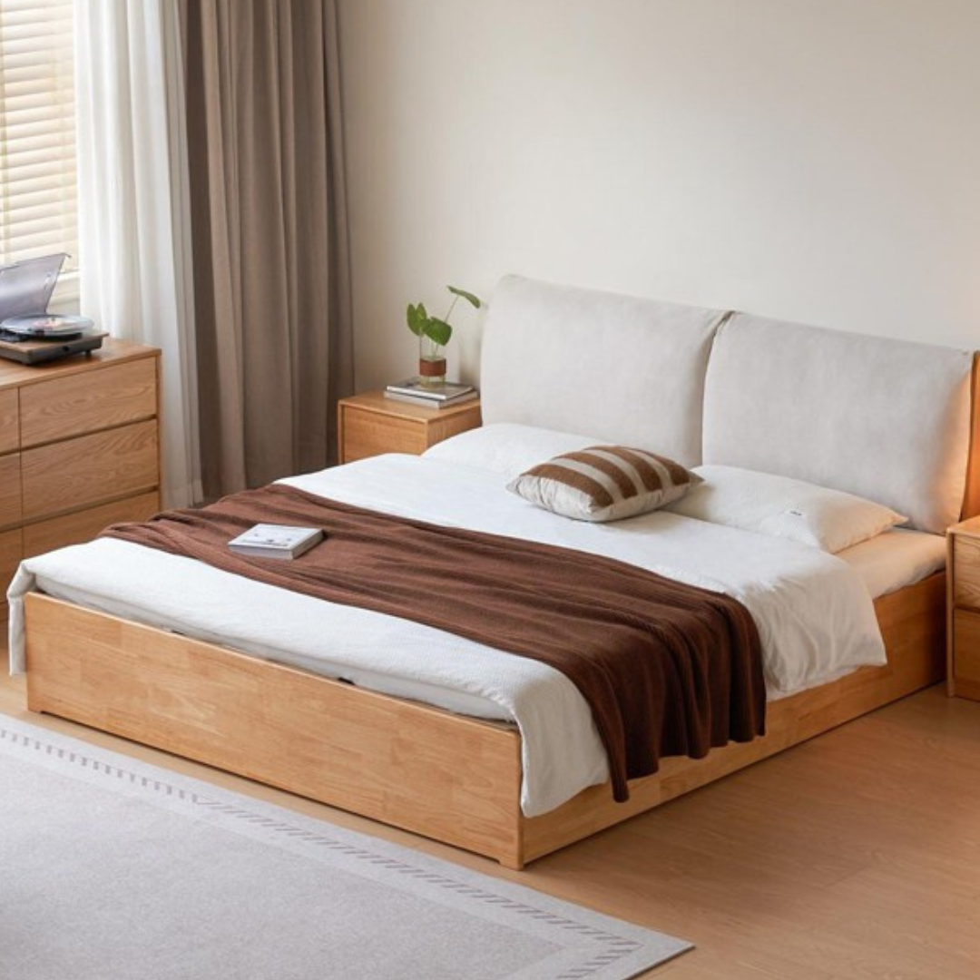 Rubberwood Solid Wood Storage Bed with Lift-Up Base and Soft Upholstered Headboard