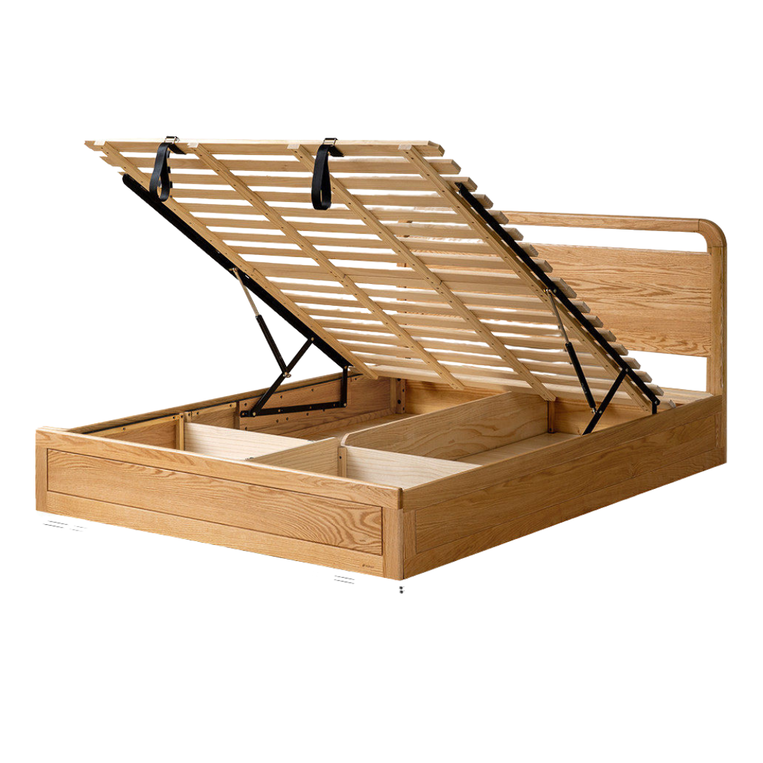 Oak, Rubberwood Solid Wood Storage Bed with Adjustable Height and Gas Lift