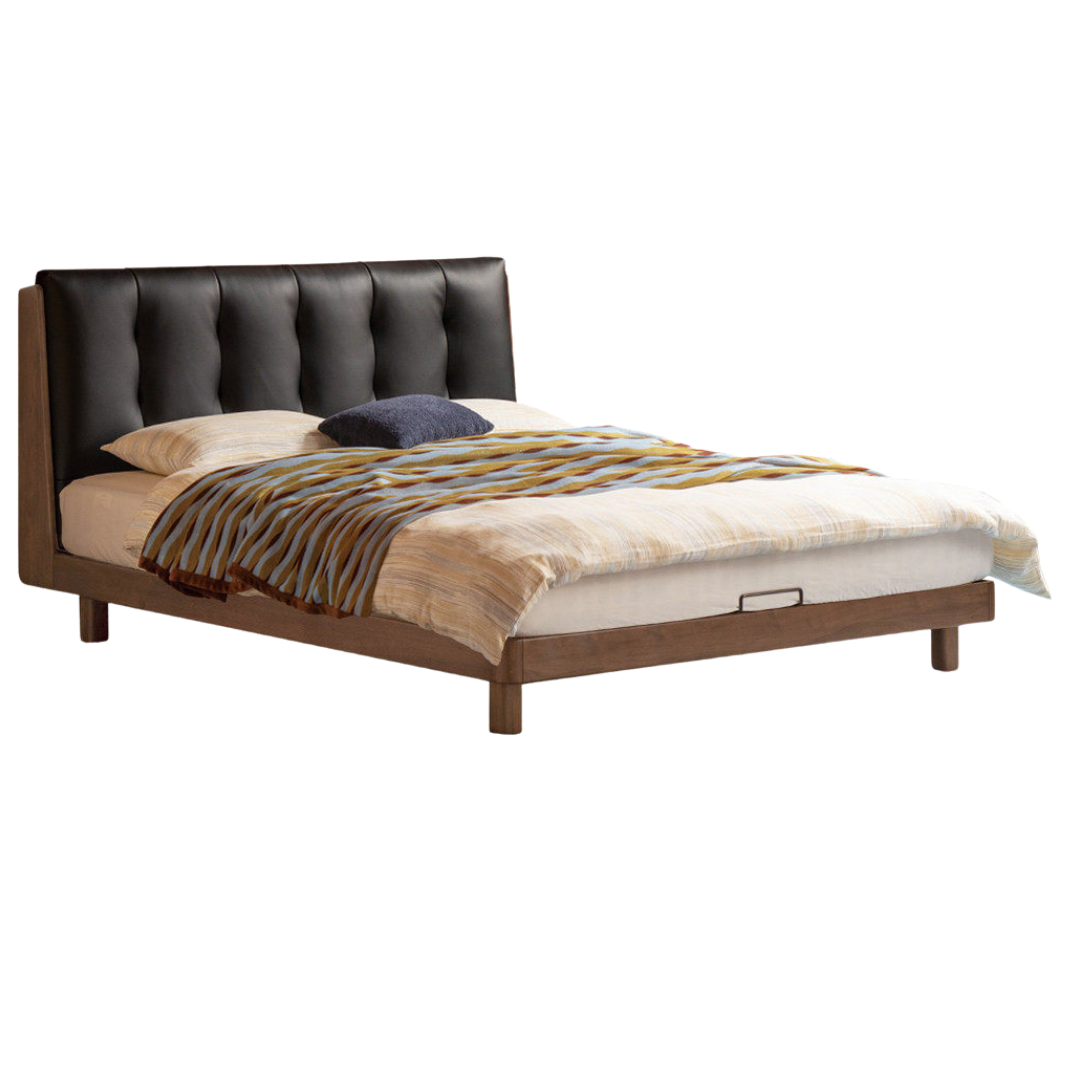 Black Walnut Solid Wood Leather Upholstered Platform Bed with Vertical Channel Tufted Headboard