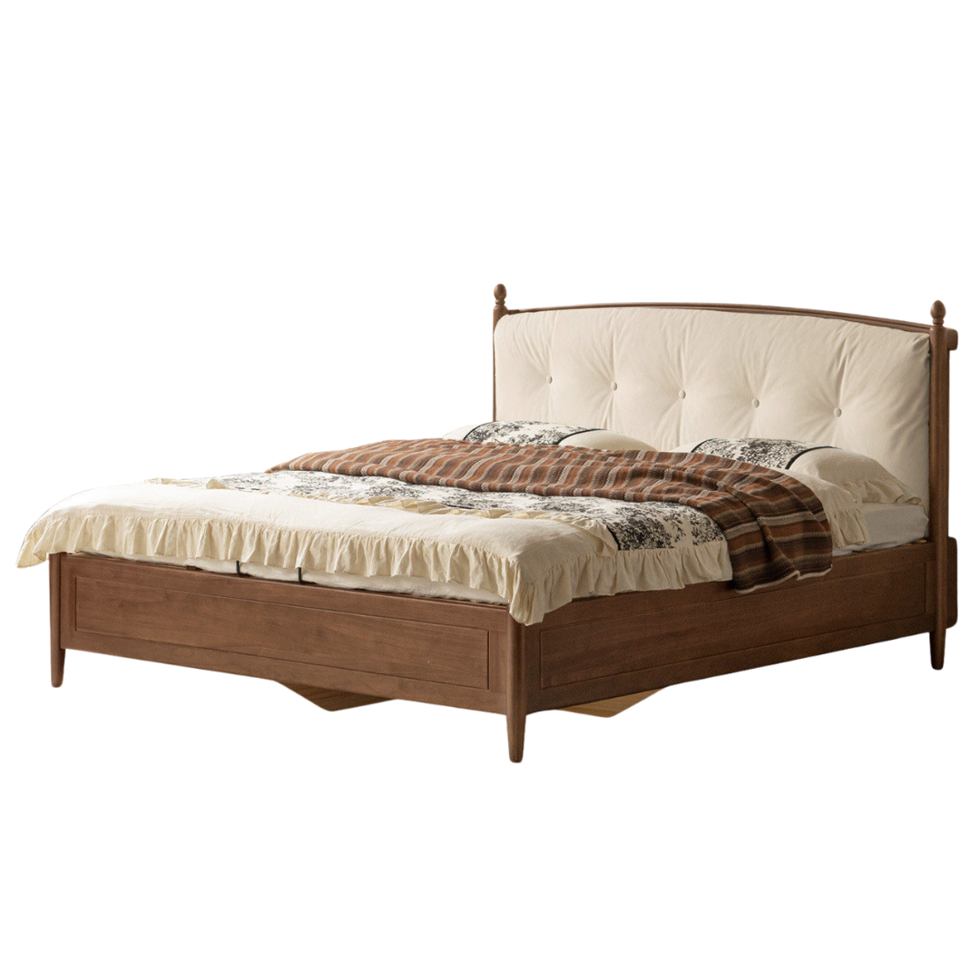 Black Walnut Solid Wood Four Poster Storage Bed with Tufted Headboard and Gas Lift