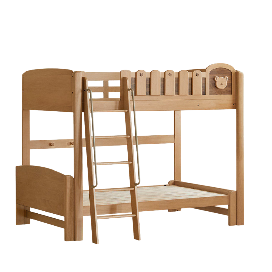 Beech Solid Wood L-Shaped Bunk Bed with Bookshelf Headboard and Detachable Guardrail