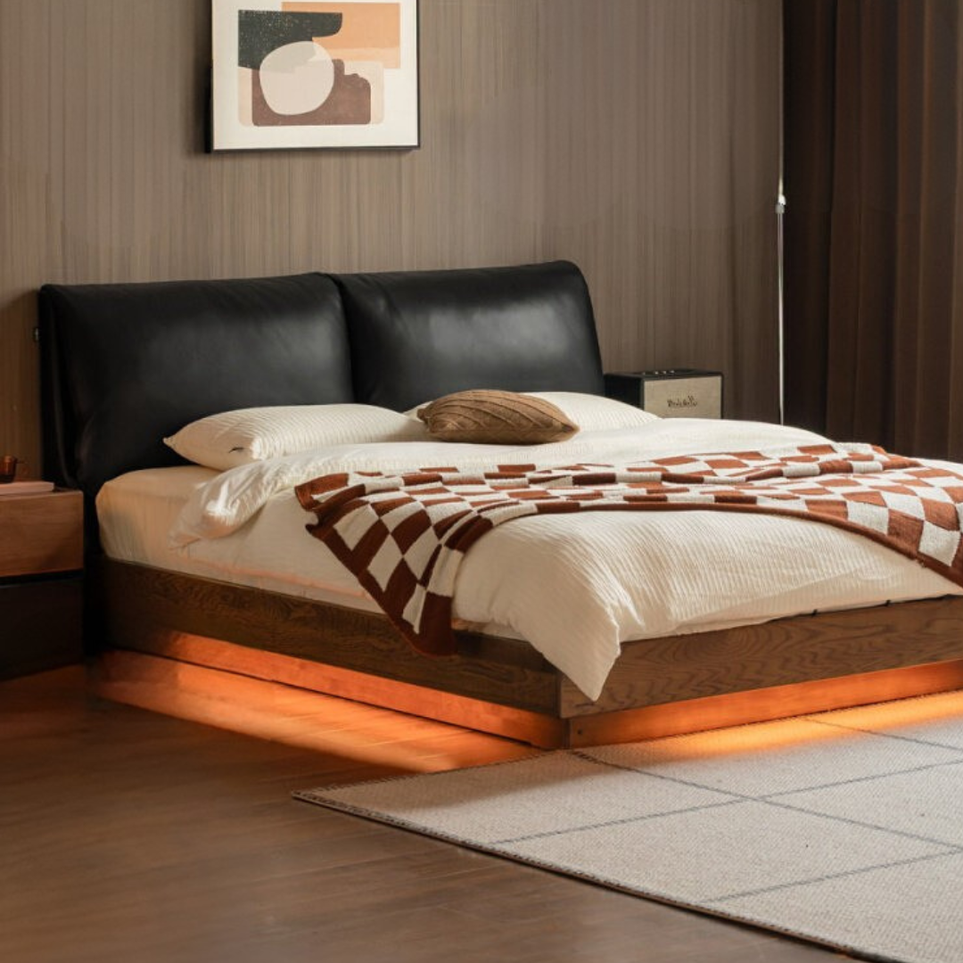 Oak Solid Wood Box Bed — Italian Light Luxury with Soft Genuine leather Backrest