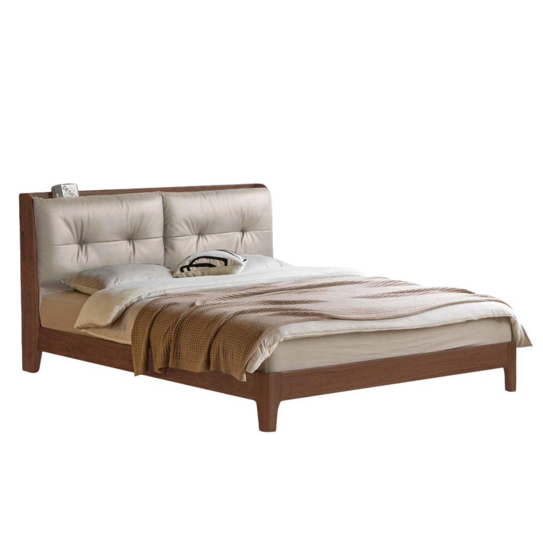 Black Walnut, Sandalwood, Catalpa, Golden Rosewood Solid Wood Bed — Genuine Leather Upholstered, Simple Luxury Design