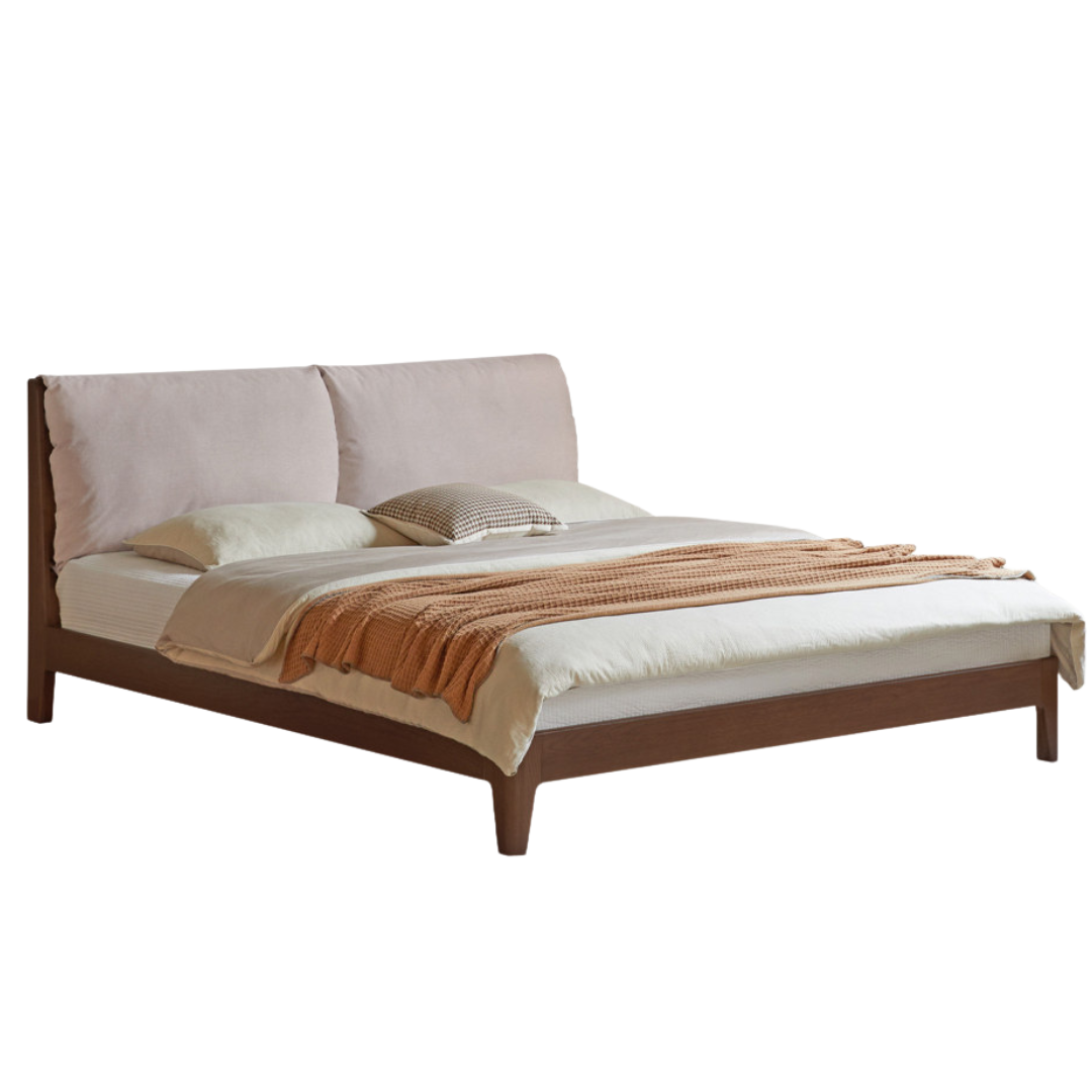 Oak, Golden Rosewood Solid Wood Platform Bed with Upholstered Panel Headboard and Built Outlet