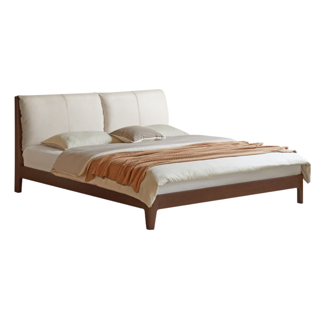 Oak, Golden Rosewood Solid Wood Platform Bed with Upholstered Panel Headboard and Built Outlet