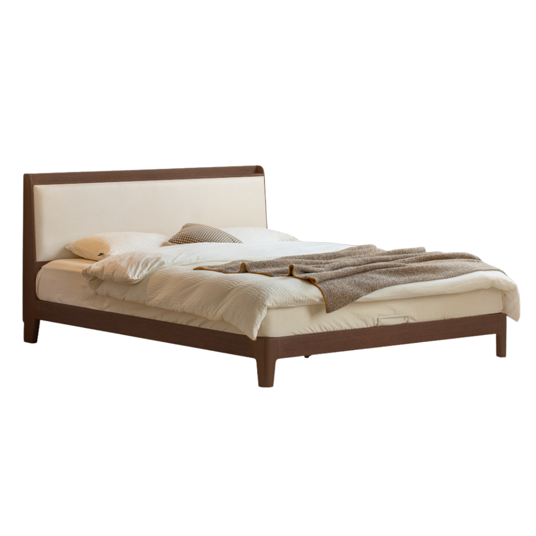 Oak, Golden Rosewood Solid Wood Platform Bed with Upholstered Panel Headboard and Built Outlet