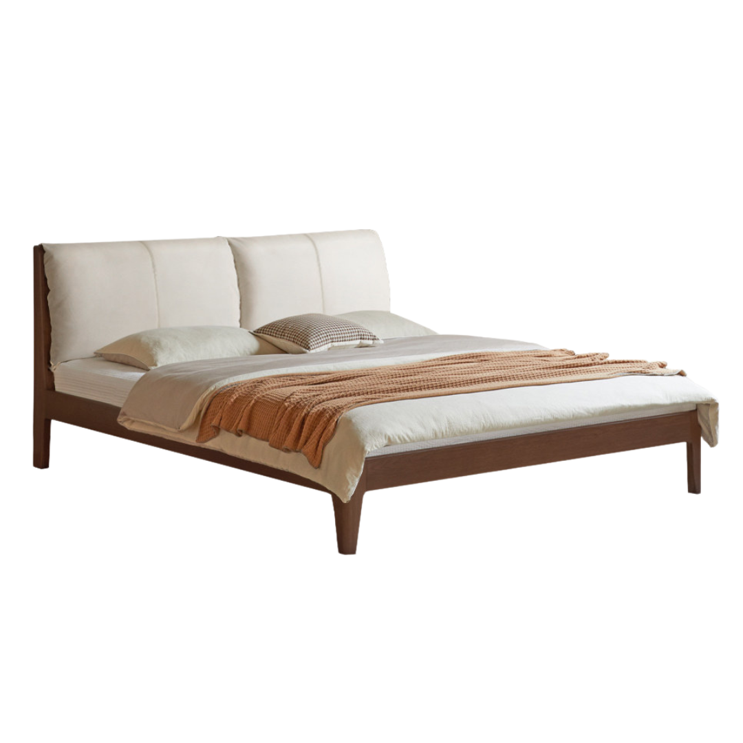 Oak, Golden Rosewood Solid Wood Platform Bed with Upholstered Panel Headboard and Built Outlet
