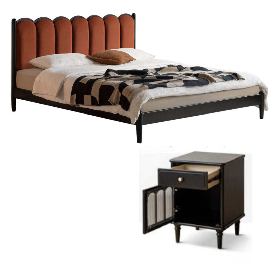Rubberwood, Poplar Solid Wood Leather Scalloped Channel-Tufted Upholstered Headboard Bed