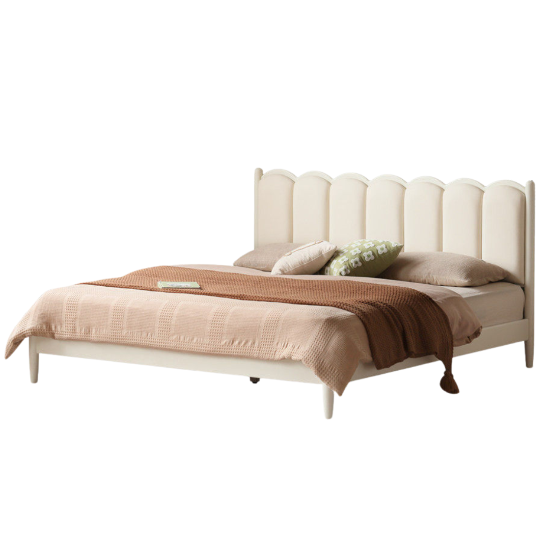 Rubberwood Solid Wood Upholstered Bed with Scalloped Headboard, French Cream Style