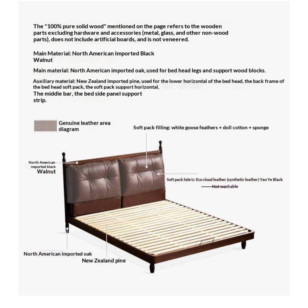 Black Walnut Solid Wood Leather Four Poster Bed with Tufted Headboard