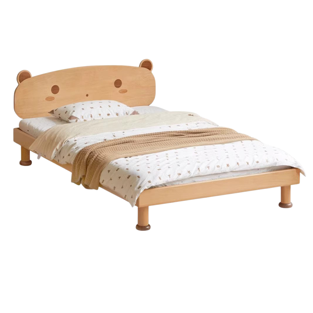 Beech Solid Wood Kids Bed with Bear-Shaped Headboard