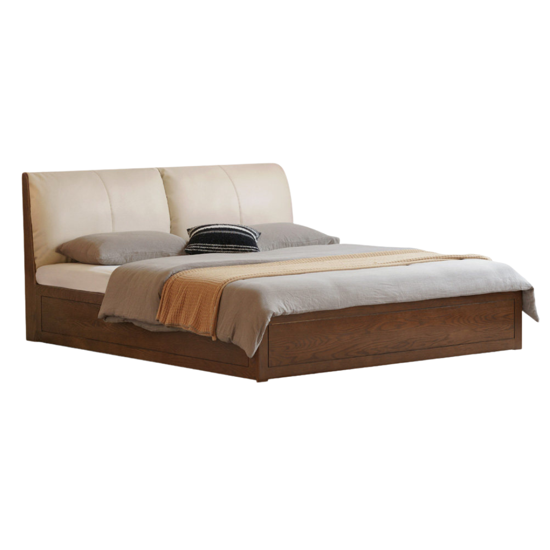 Oak Solid Wood Bed - Genuine Leather, Fabric Upholstered Soft