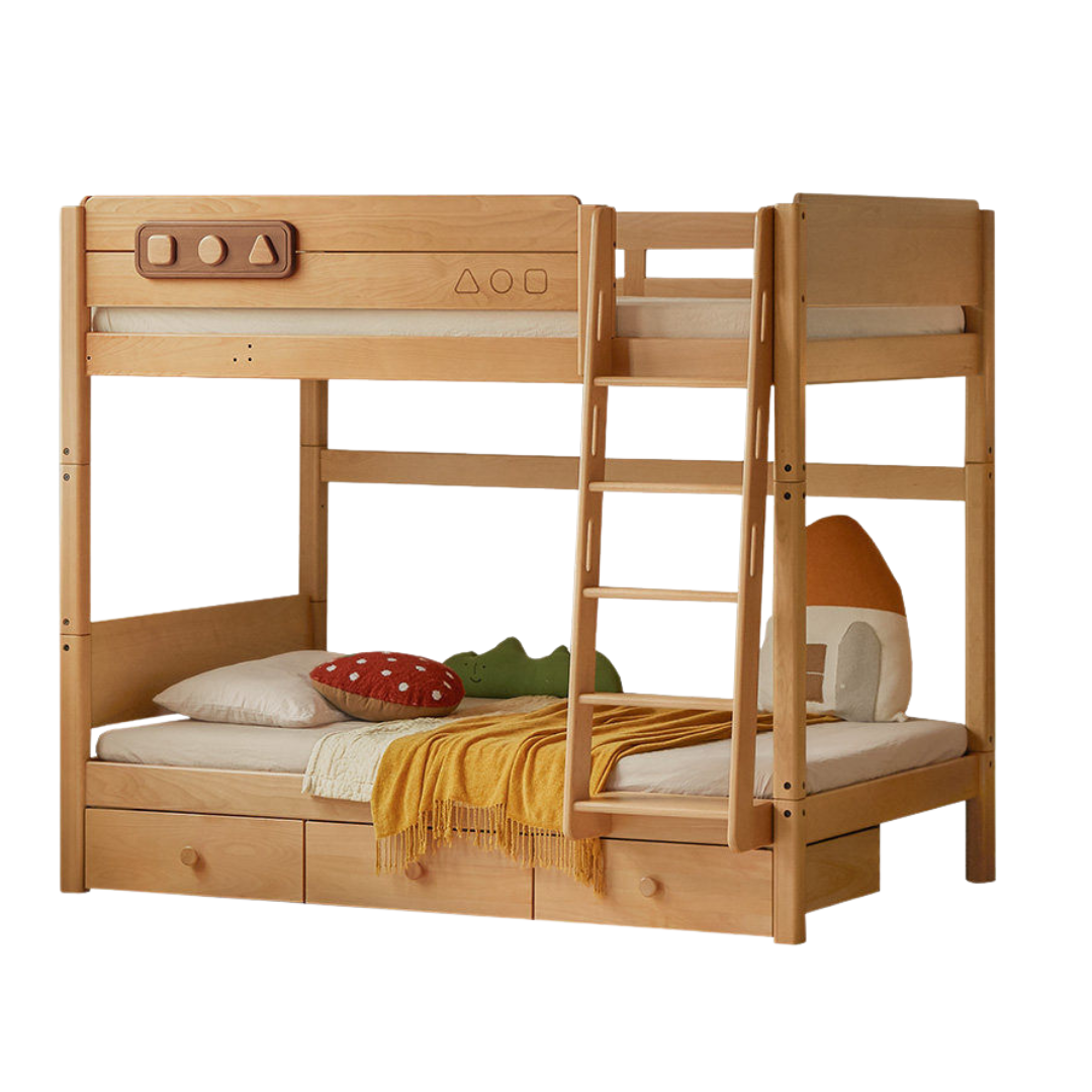 Beech Solid Wood Convertible Bunk Bed with Storage Drawers