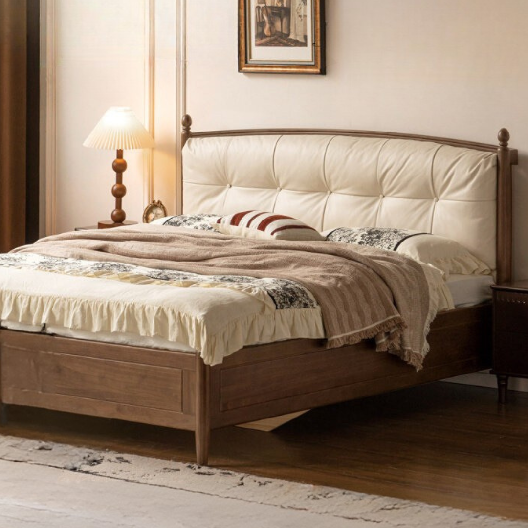 Black Walnut Solid Wood Four Poster Storage Bed with Tufted Headboard and Gas Lift