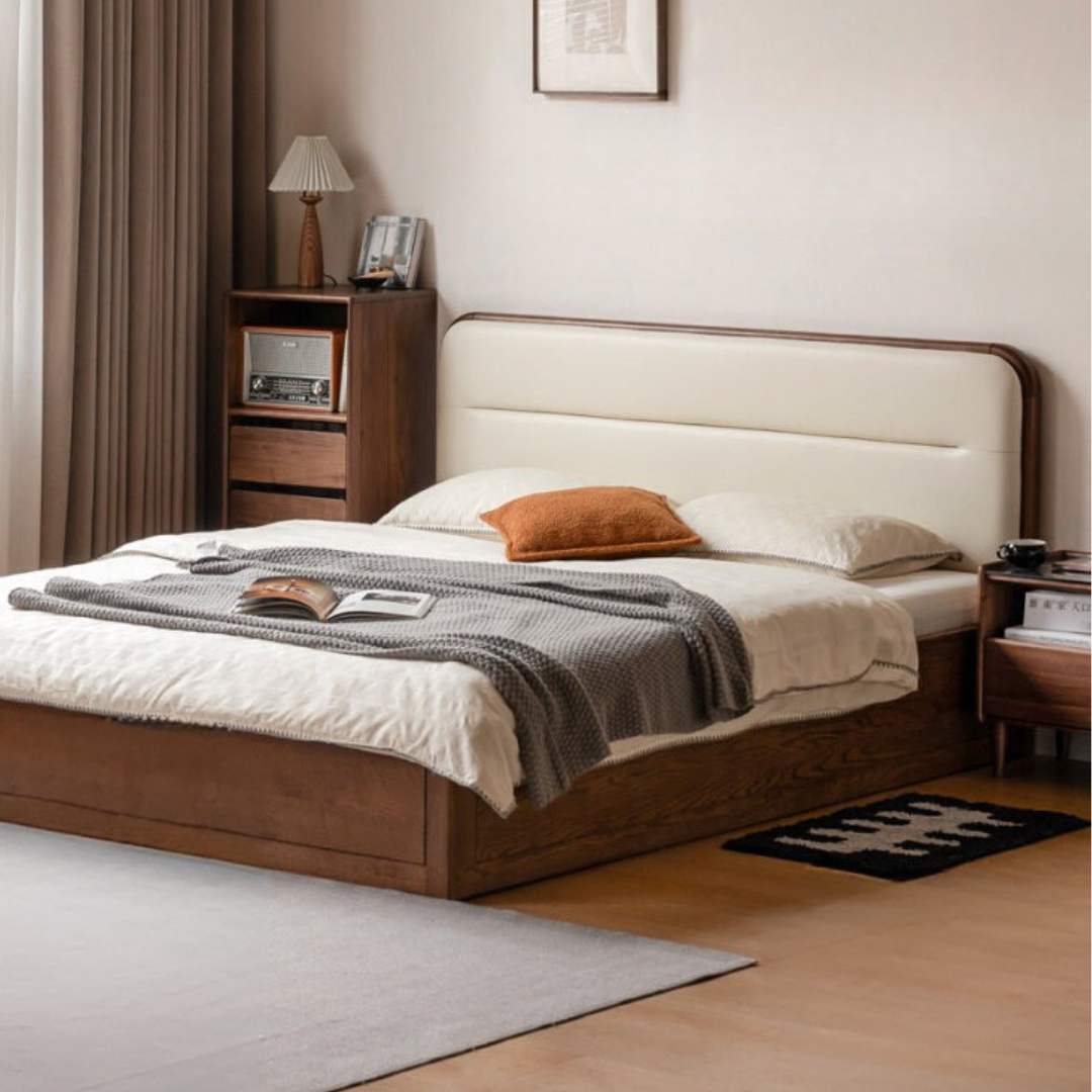 Oak Solid Wood Modern Genuine Leather, Organic Leather Storage Bed