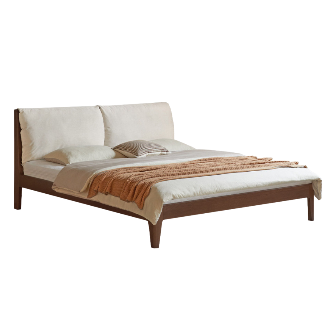 Oak, Golden Rosewood Solid Wood Platform Bed with Upholstered Panel Headboard and Built Outlet