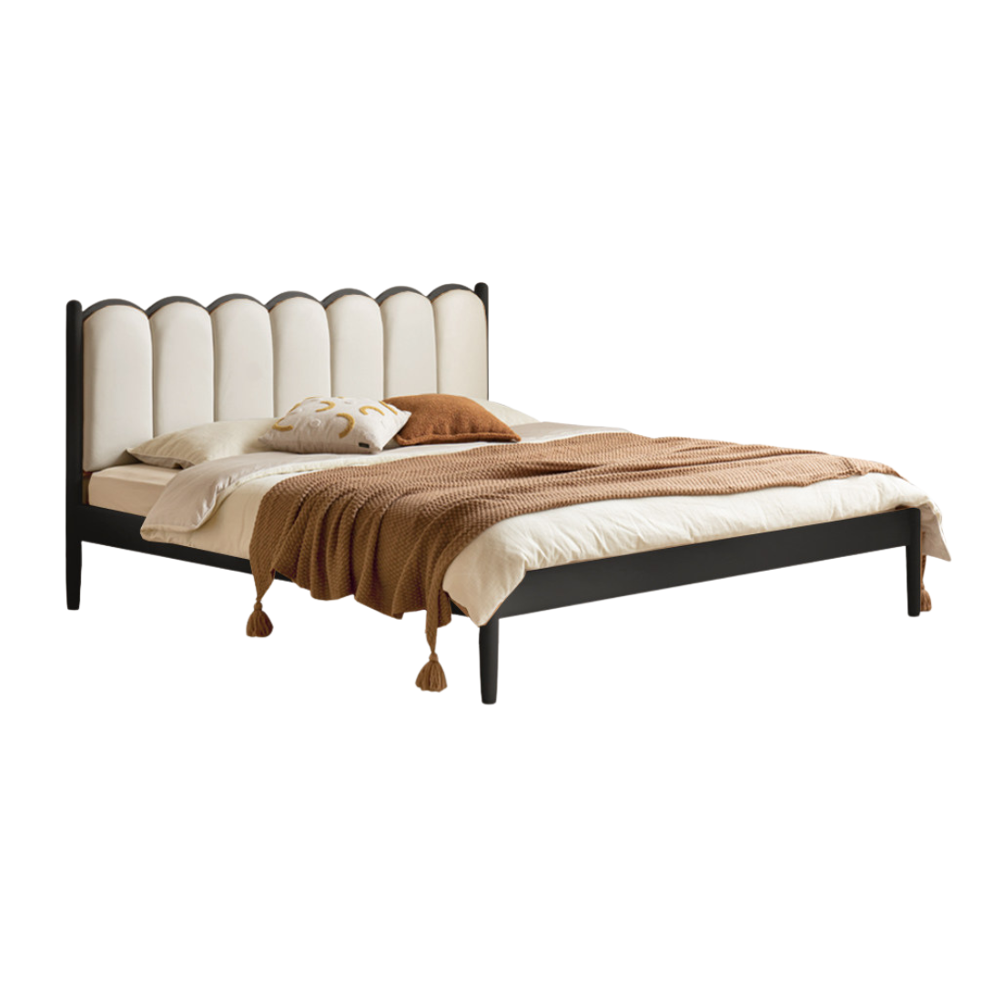 Rubberwood, Poplar Solid Wood Leather Scalloped Channel-Tufted Upholstered Headboard Bed
