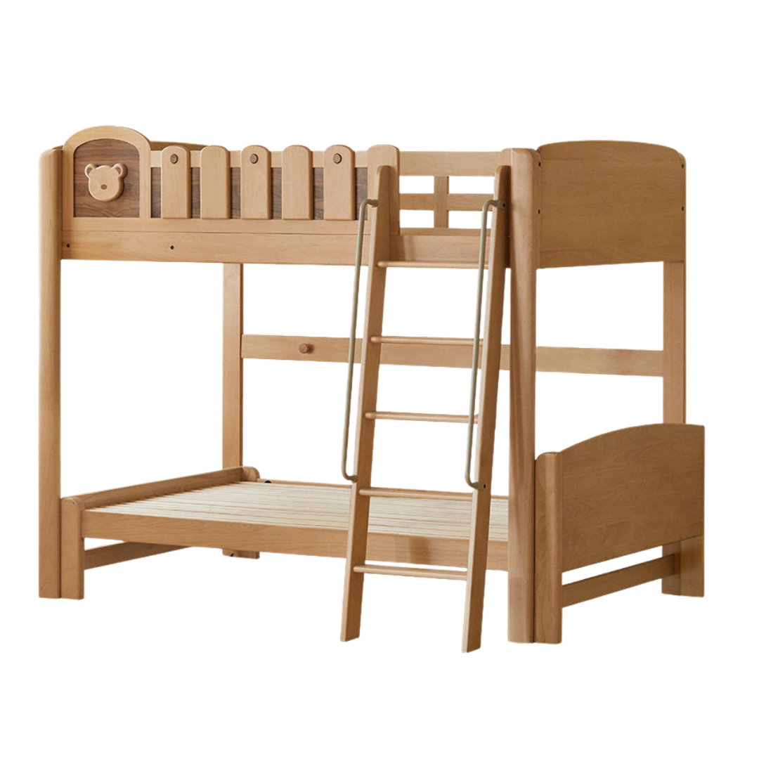 Beech Solid Wood L-Shaped Bunk Bed with Bookshelf Headboard and Detachable Guardrail