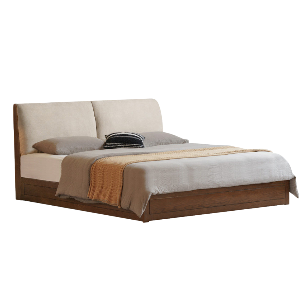 Oak Solid Wood Bed - Genuine Leather, Fabric Upholstered Soft