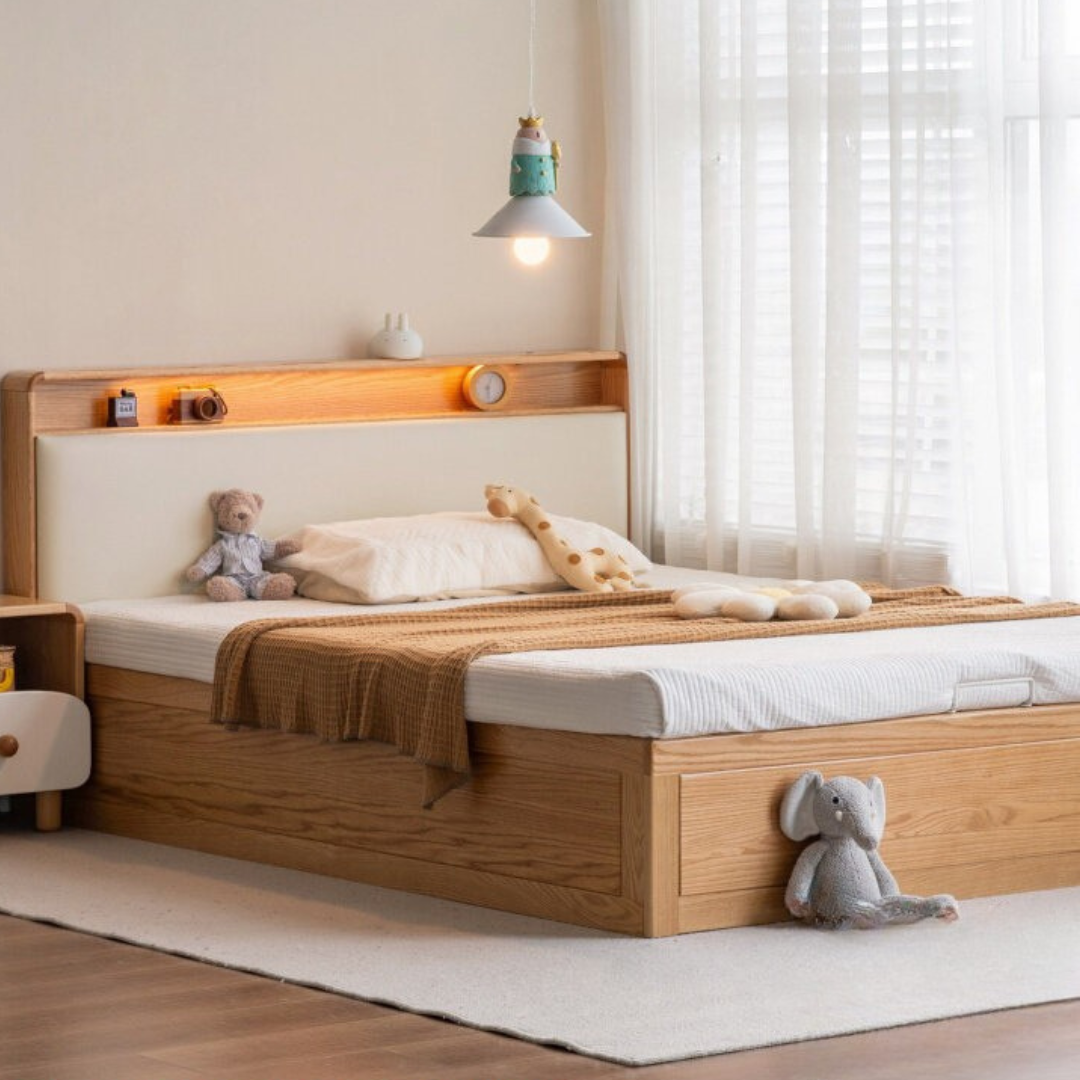 Oak Solid Wod Multifunctional Storage Bed with LED Light