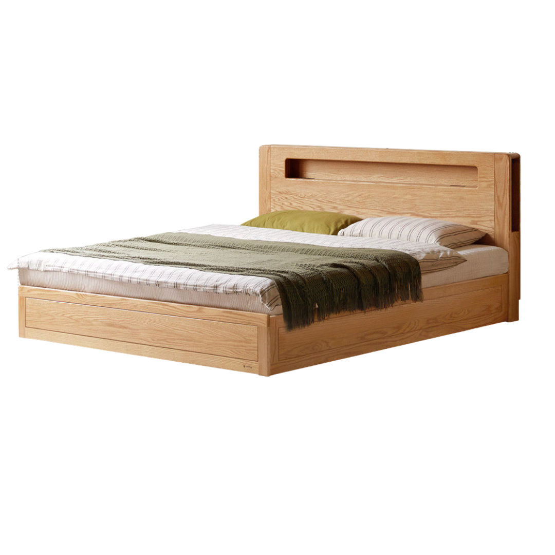 Oak Solid Wood Storage Bed with Bookcase Headboard and Built-In Desk Setup
