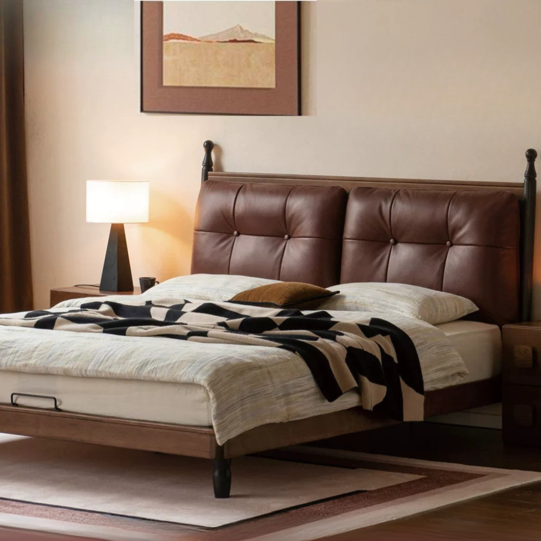Black Walnut Solid Wood Leather Four Poster Bed with Tufted Headboard