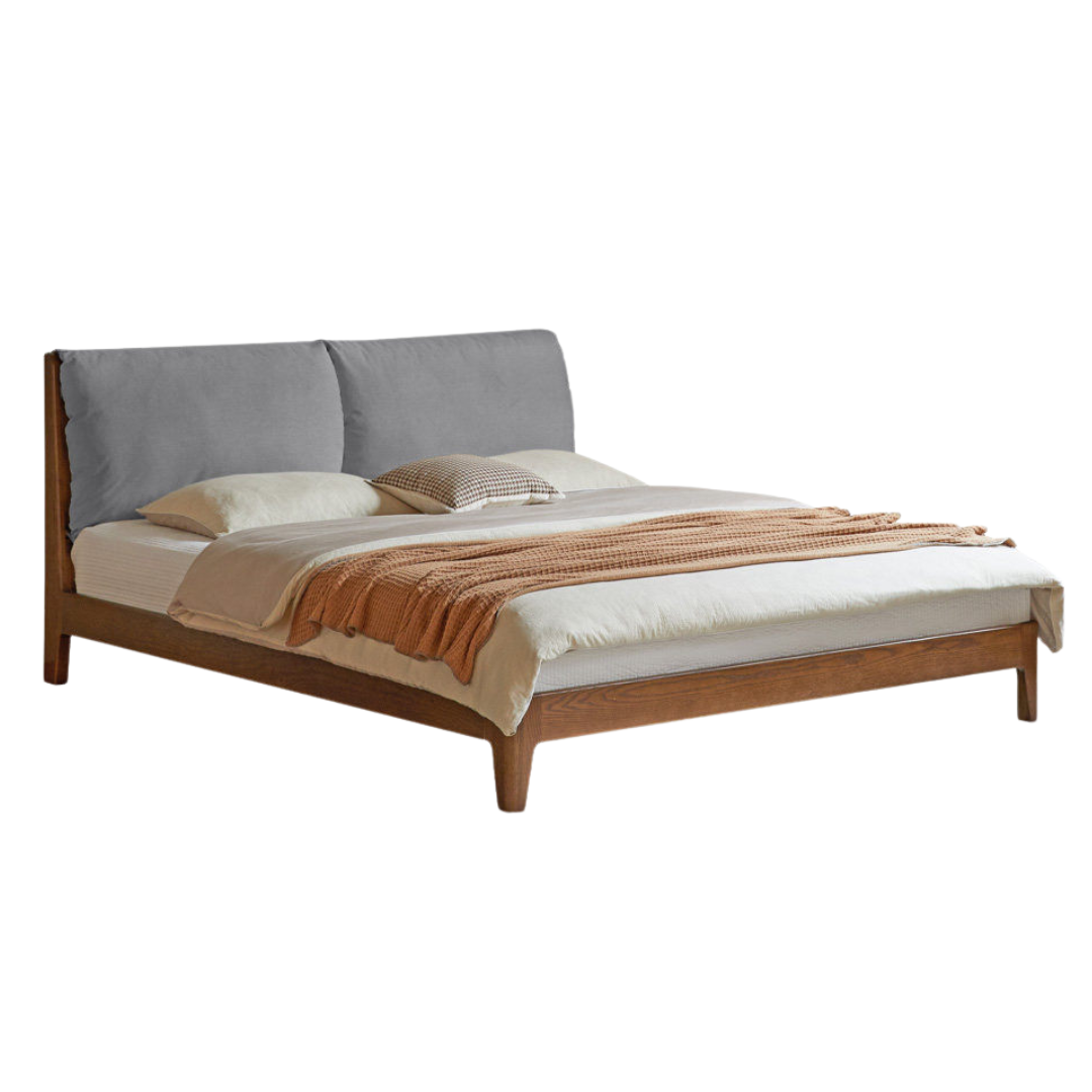 Oak Solid Wood Bed - Genuine Leather, Fabric Upholstered Soft
