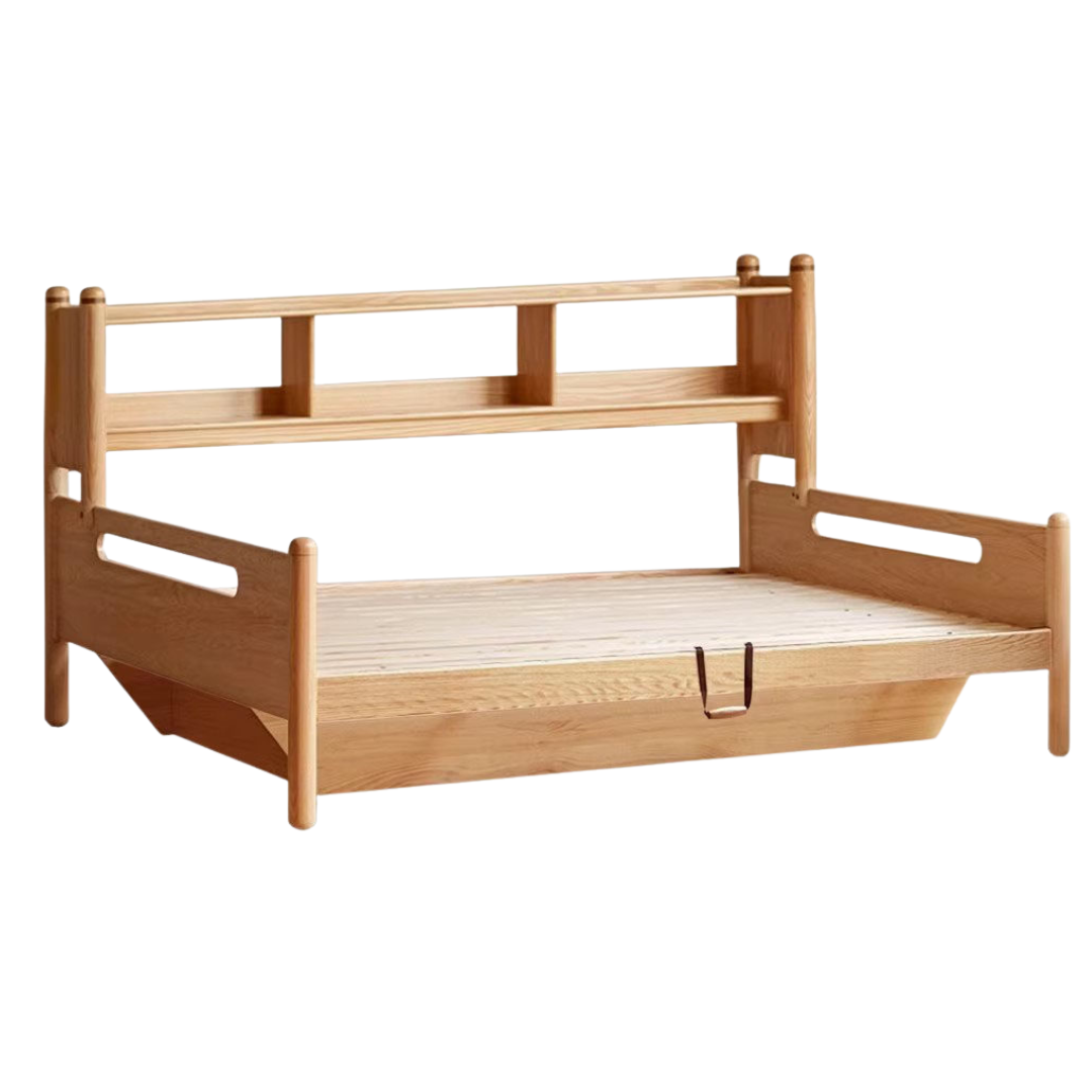 Oak Solid Wood Kids Storage Bed with Built-In Bookcase Headboard and Lift Storage