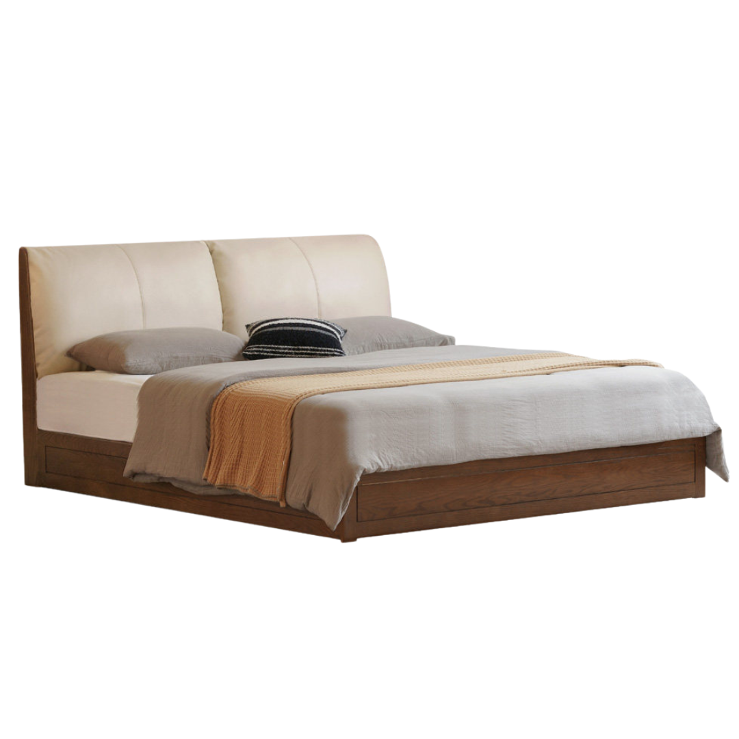 Oak Solid Wood Bed - Genuine Leather, Fabric Upholstered Soft