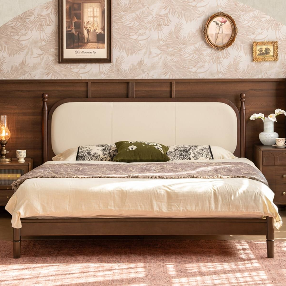Rubberwood Solid Wood Four Poster Upholstered Bed with Adjustable Headboard