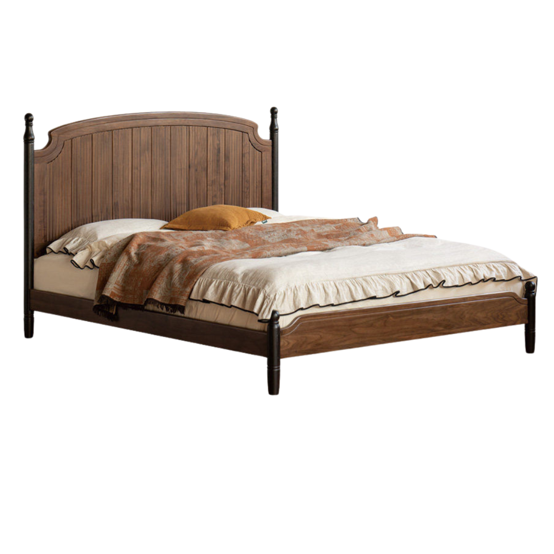 Black Walnut Solid Wood Bed with Reeded Arched Headboard and Turned Corner Posts