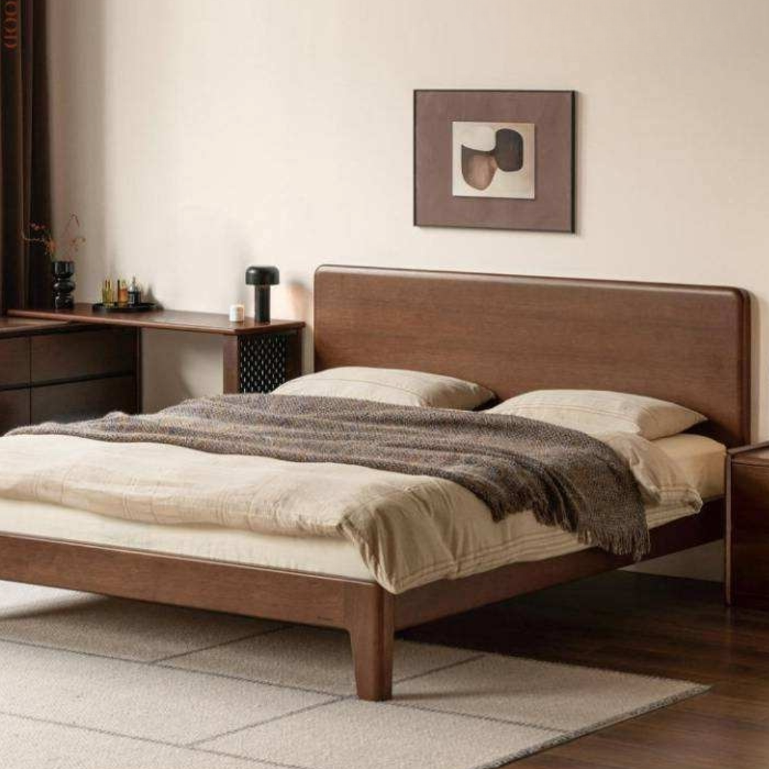 Golden Rosewood Solid Wood Platform Bed with Panel Headboard