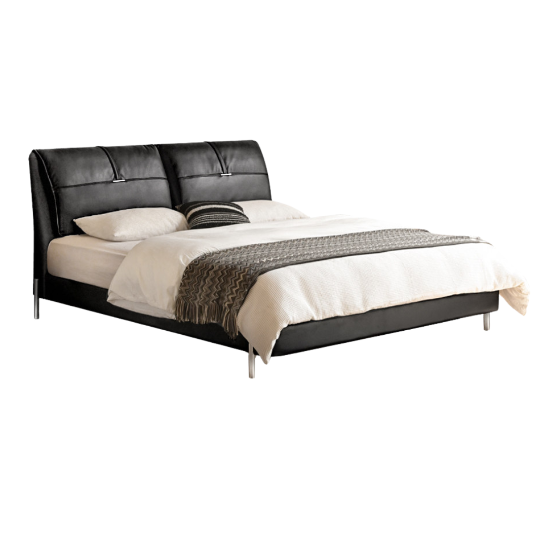 Genuine Leather Italian Light Luxury Black Bed
